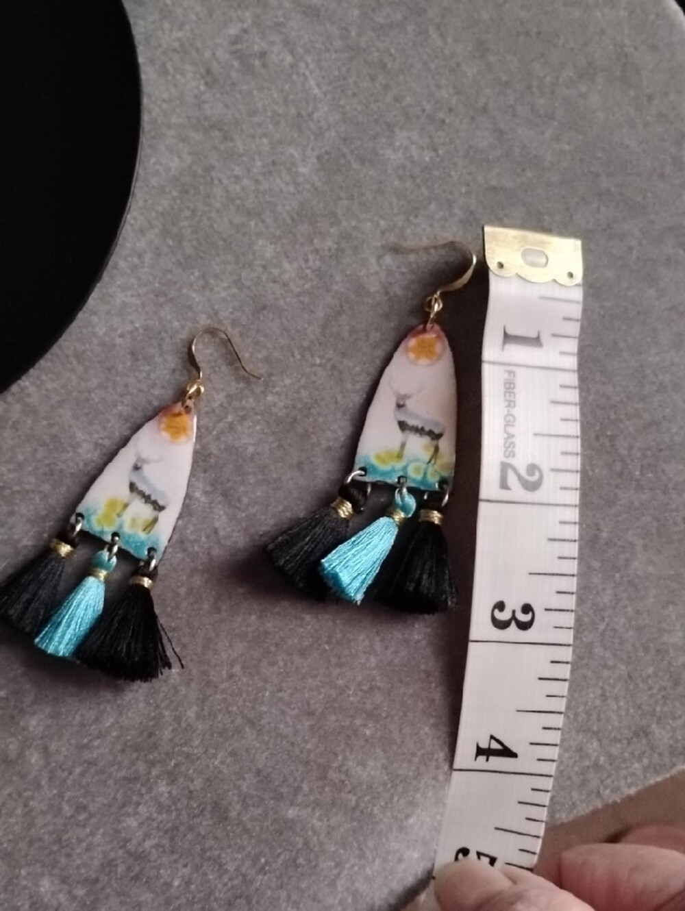 Hand Crafted Deer/Elk Motif Tassel Earrings - Turquoise & Black - Picture 7 of 7